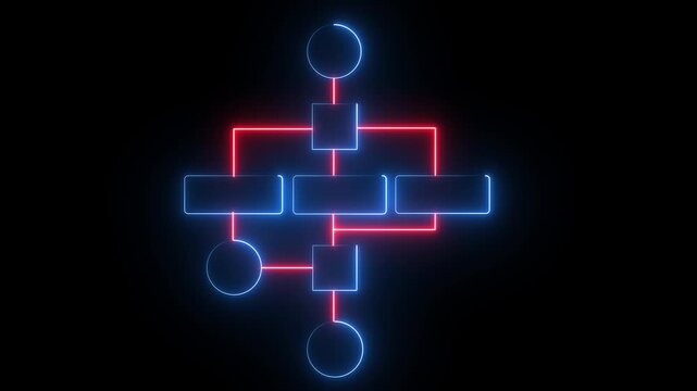 Futuristic neon line flowchart diagram. representing system workflow, data processing, and modern technology architecture. Neon pink digital flowchart animation, Block diagram concept.4K animation