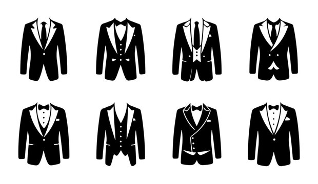 Set of black wedding tuxedo jacket silhouettes featuring various formal lapel suit styles.