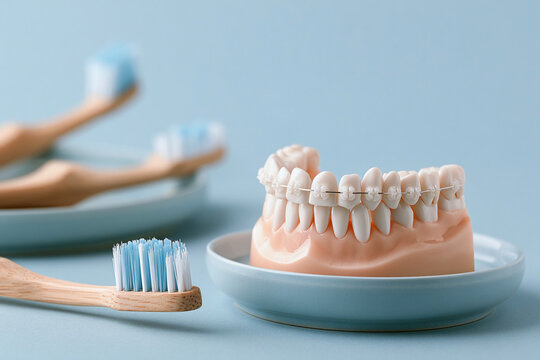 Learning about dental care with model teeth and toothbrushes on blue background