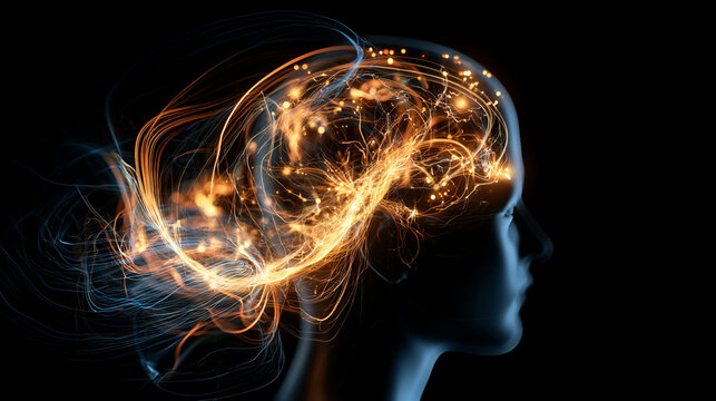 Creative ideas flow through a human head with sparks and lights in a black background at night
