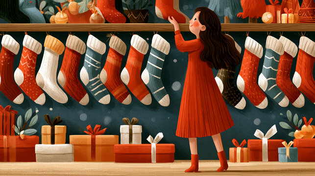 Woman looking at a display of Christmas stockings and gifts in a cozy shop during the holiday season