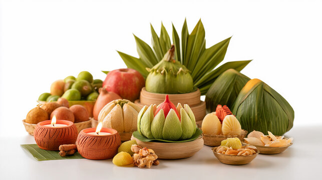 Various fruit and decorative items arranged on a plain surface, showcasing a vibrant display for a festive gathering