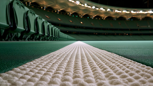 Tennis court with low perspective showing the line and empty seats at night