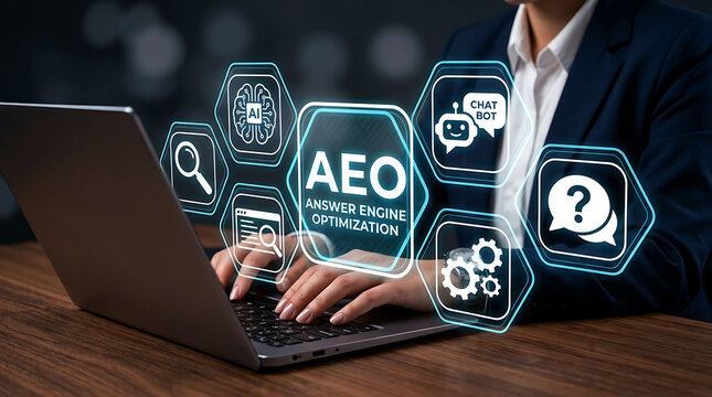 Professional typing on a laptop with glowing digital AEO optimization icons