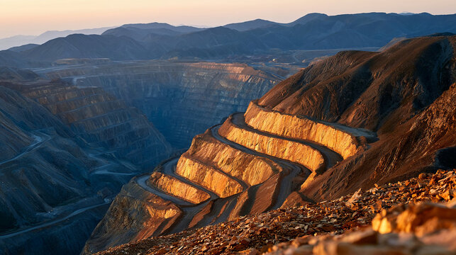 Mining site reveals layers of earth during sunset in a mountainous region