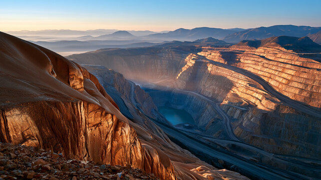 Mining site in the mountains at sunrise with deep valleys and blue water in pits