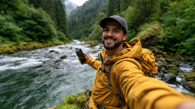 Man takes selfie by river during hike in green forest on a cloudy day