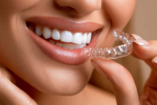 Smiling person holding clear dental aligner near their mouth