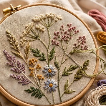 Photorealistic Detail of Embroidery Hoop with Floral Botanical Stitching in Progress