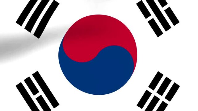 Waving flag of South Korea featuring the traditional red and blue taegeuk symbol with black trigrams on a white background