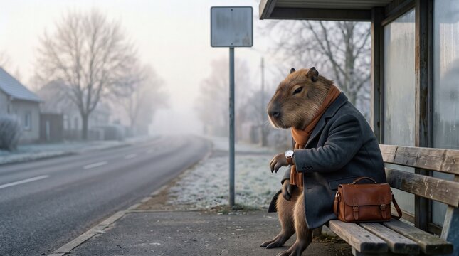 Capybara in a business coat waiting at a foggy bus stop with a briefcase.