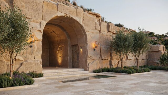 Stone archway entrance with olive trees and paved courtyard at dusk