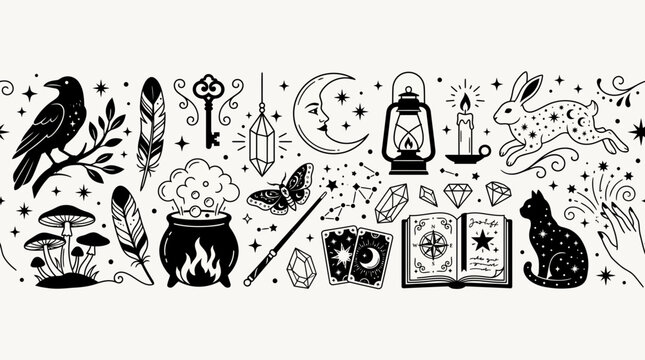 Illustrated collection of magical witchcraft icons in a black-and-white border design, featuring a raven, cauldron, spellbooks, potions, wands, moons, stars, mushrooms, and mystical symbols.