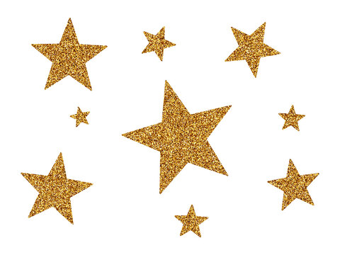 Gold Glitter Star Vector Set Isolated on White Background, Sparkling Golden Stars Clipart Elements for Celebration Design