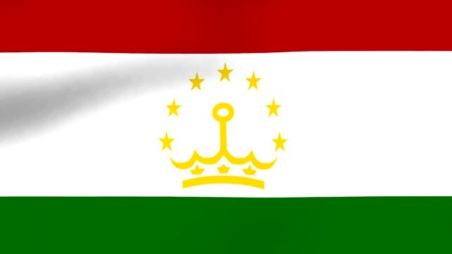 Waving flag of Tajikistan with red white and green horizontal stripes and yellow crown and stars