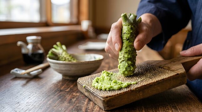 Japanese chef grating fresh wasabi root on traditional sharkskin grater board at wooden restaurant counter