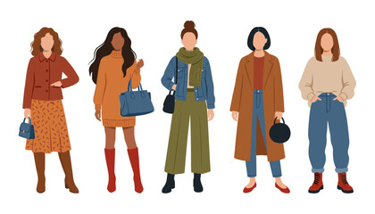 Fototapeta premium Diverse Women in Autumn and Winter Fashion Outfits Vector Flat Illustration Set with Faceless Female Characters Wearing Stylish Warm Casual Clothes