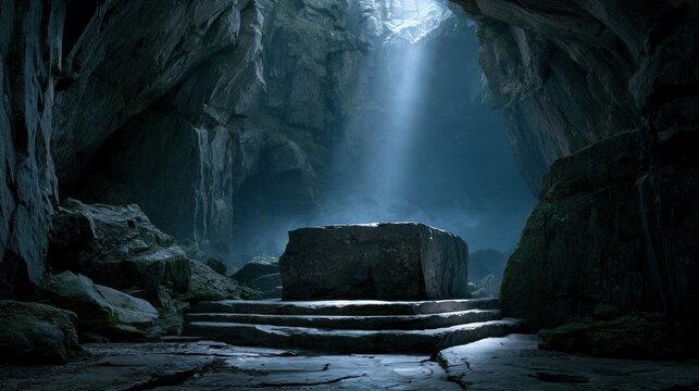 Mysterious ancient cave with stone altar and light beam