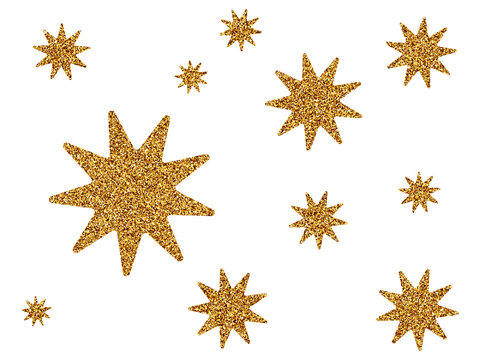 Golden Starburst Sparkle Elements Set, Hand Drawn Shining Stars and Decorative Sunburst Shapes on PNG Background