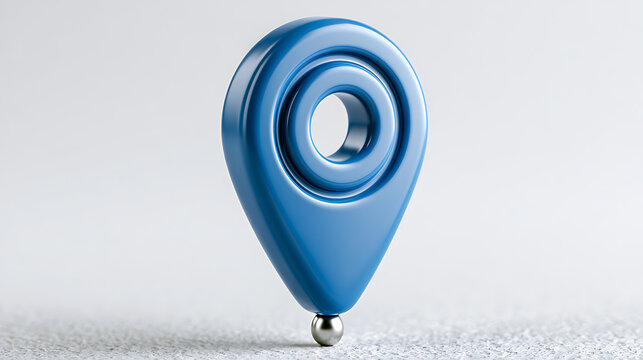 Blue map marker pin with circular detail stands on a textured surface