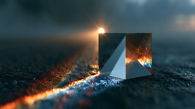 Glass prism deflects light into a spectrum of colors photorealistic rendering