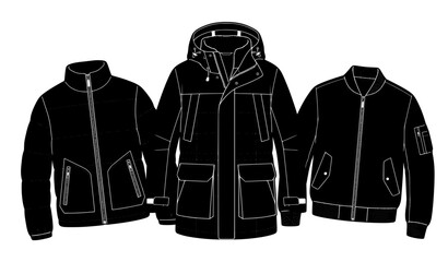 Warm Men’s Winter Jackets Puffer Parka and Bomber Vector Set © Arjuman