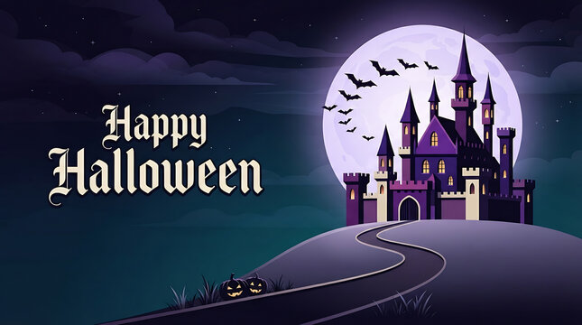 Haunted Castle on Hill Under Full Moon Illustration