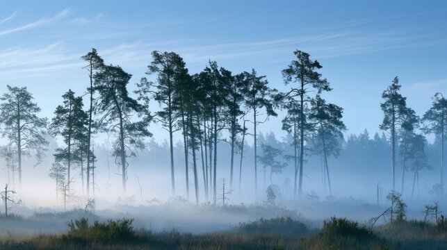Misty forest landscape with tall pine trees and blue sky