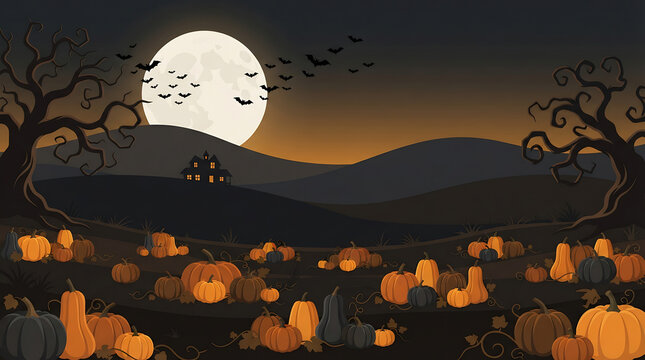 Halloween Pumpkin Field with Haunted House and Full Moon Flat Illustration