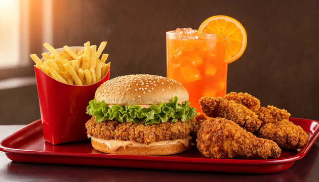 Crispy chicken burger with french fries and fried chicken on a red serving tray