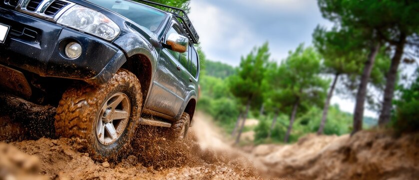Dark off road vehicle moves through deep mud, wheels spraying water and mud in intense action against a soft focus forest background