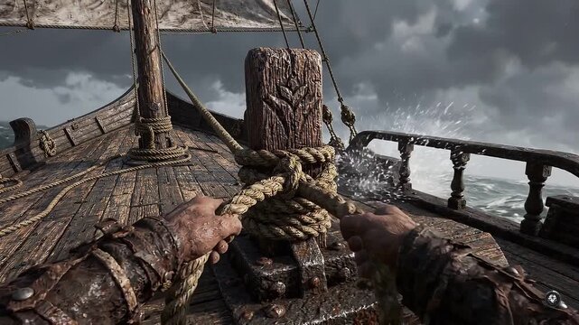 Nautical adventure at sea follows hands securing rope on weathered sailing ship while powerful waves break against hull, sending spray over railing beneath dramatic clouds and open ocean