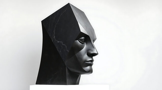Abstract human profile sculpture geometric black head side view monochrome art modern sculpture faceted face minimalist design white background
