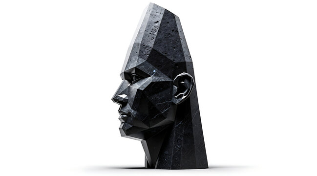 Abstract human profile sculpture geometric black head faceted face stone texture isolated white background side view modern art sculpture profile