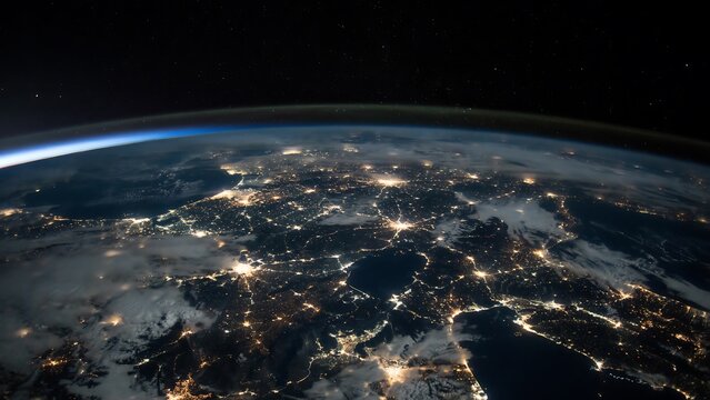 Wide angle view of Earth from space at night with illuminated city lights and planetary horizon