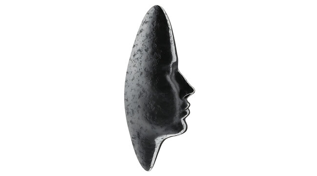 Abstract black sculpture of face profile, surreal wall art, isolated on white background