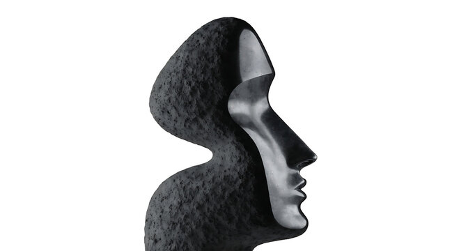 Abstract sculpture of human face in profile, black stone art, surreal minimalist figure