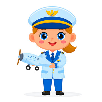 Child pilot cartoon character holding toy plane conveying cheerful cute playful friendly kawaii mood generative AI