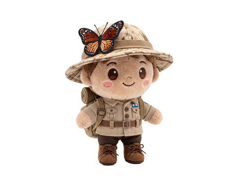 Cute plush explorer doll adventurer wearing safari hat with monarch butterfly and backpack isolated on black background for travel, childhood discovery, nature exploration, and play concept artwork