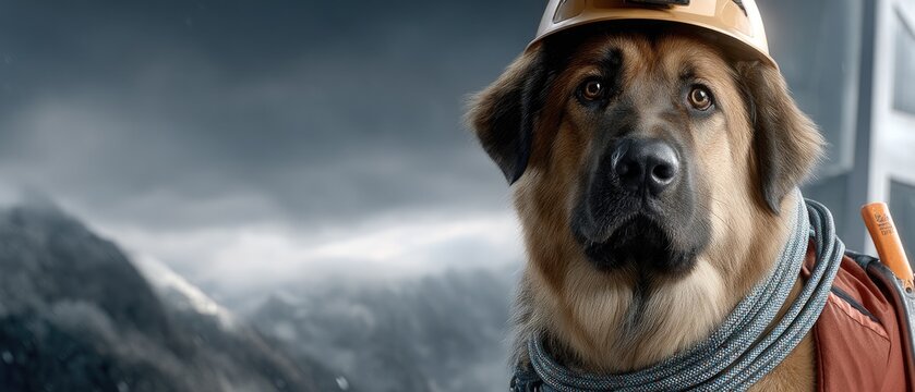 Leonberger dog prepares for mountain climbing adventure in rugged terrain with climbing gear and snowy peaks in background