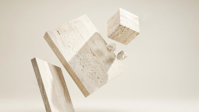 White marble geometric sculpture pieces floating in air
