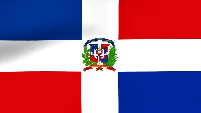 Waving flag of the Dominican Republic featuring a central coat of arms