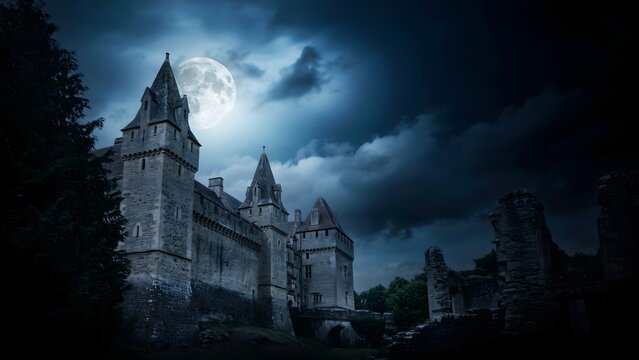 Haunted Castle at Night with Dark Clouds and Full Moon