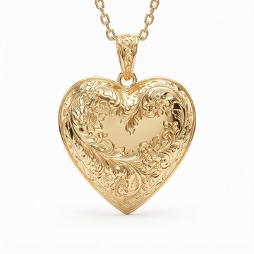Vintage gold heart locket necklace, ornate floral engraved jewelry, antique style golden pendant on chain for romantic gift