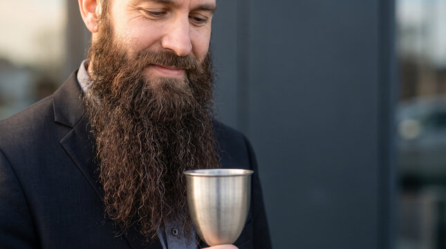 Man with a long beard holding a metal cup outdoors in formal attire  