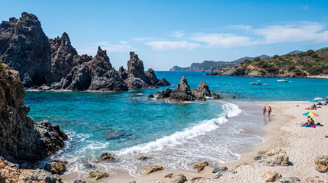 Formaciones rocosas oscuras en un mar azul turquesa, con olas suaves rompiendo en la orilla bajo un cielo despejado. Ideal para turismo y naturaleza.