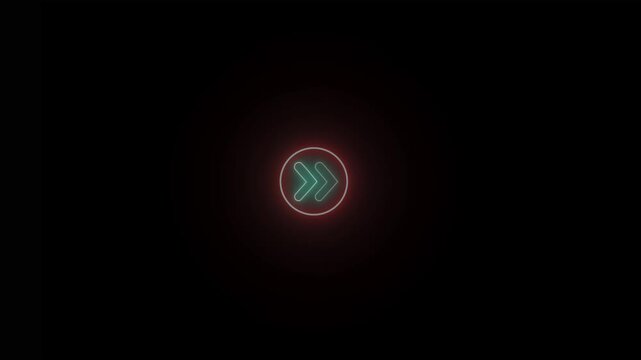 Neon right arrow icon with red circle border on black background sign forward next motion guide sign forward next motion guide