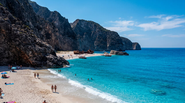 Formaciones rocosas oscuras en un mar azul turquesa, con olas suaves rompiendo en la orilla bajo un cielo despejado. Ideal para turismo y naturaleza.