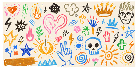 Obraz premium Hand drawn doodle set featuring hearts skulls and lightning bolt silhouettes