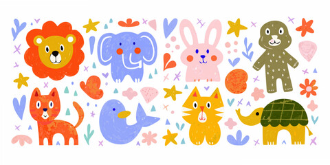 Obraz premium Collection of hand drawn animal silhouettes with colorful crayon style